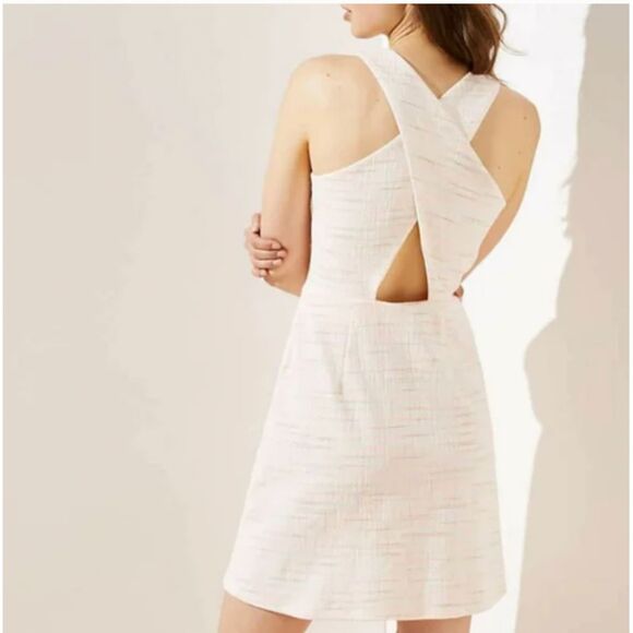 Loft‎ White Pink Stripe Criss Cross Back Mini Dress Tweed Balletcore Size 8 - Picture 1 of 11